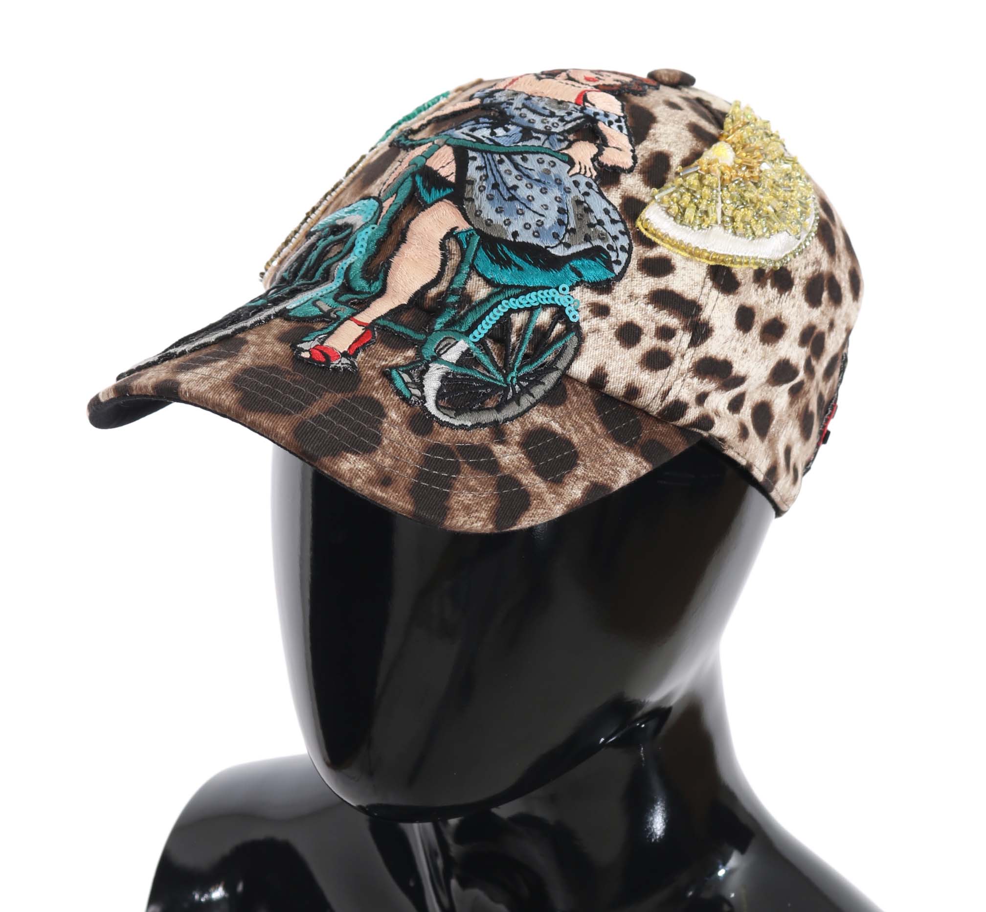 Brown leopard sequin Sicily applique baseball hat by Dolce & Gabbana with leopard print and sequined details.