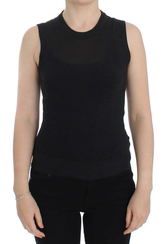 Black sleeveless crewneck vest pullover by Dolce & Gabbana, shown on a mannequin with a close-up view of the fabric and fit.