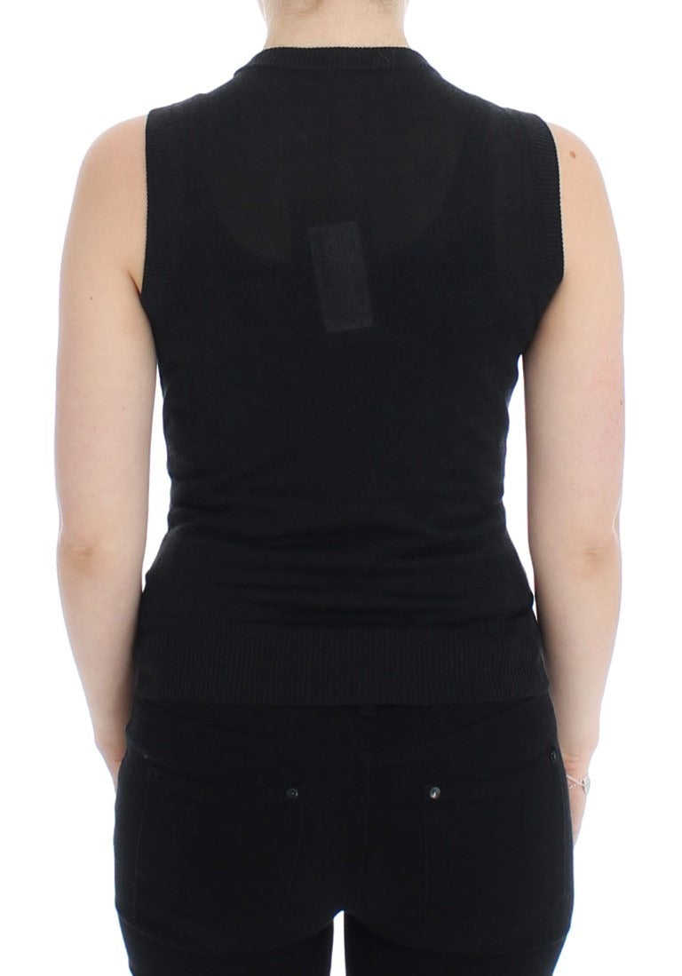 Black sleeveless crewneck vest pullover by Dolce & Gabbana, showcasing a fitted knit design and classic sleeveless style.