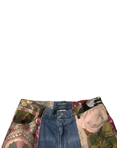 Blue Patchwork Cotton Straight Denim Jeans