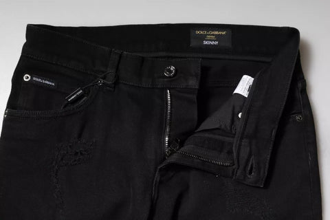Black Cotton Tattered Skinny Denim Logo Jeans