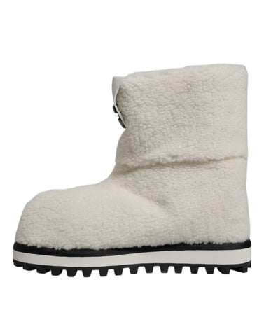 White Plush Logo Padded Mid Calf Boots Shoes