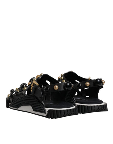 Black Leather Studded Slides Sandals Shoes