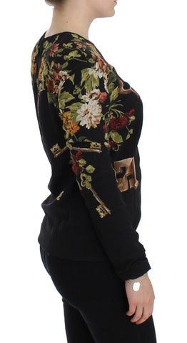 Black silk blouse top with floral print by Dolce & Gabbana, featuring a stylish key pattern and elegant design.