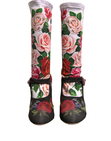 Black Floral Socks Crystal Boots Jersey Shoes