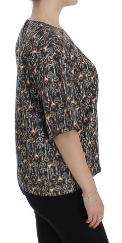 Gray silk blouse with gold key print by Dolce & Gabbana, featuring a stylish T-shirt design and elegant fabric.