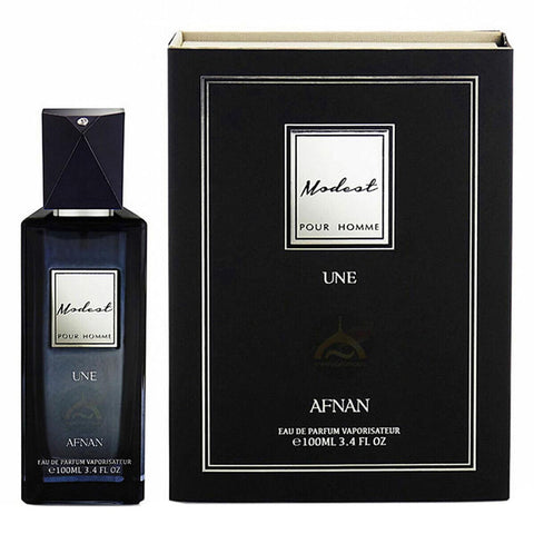 Afnan Modest Pour Homme Eau De Parfum 100ml spray bottle by Jag Couture London New York, sleek glass container with cap.