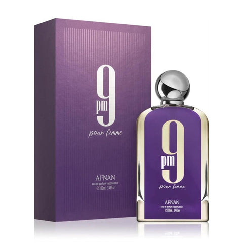 Afnan 9pm Pour Femme Eau De Parfum 100ml spray bottle with elegant packaging, showcasing the perfume's floral and fruity notes.