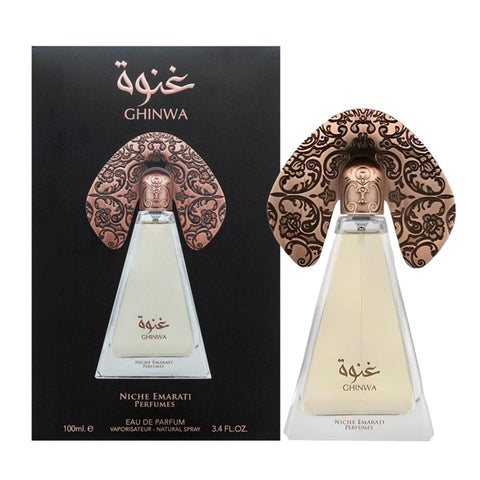 Lattafa Niche Emarati Ghinwa Eau De Parfum 100ml spray, elegant bottle, showcasing luxurious fragrance from Jag Couture London - New York