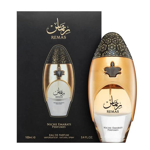 Lattafa Niche Emarati Remas Eau De Parfum 100ml bottle displayed, showcasing elegant packaging and design.