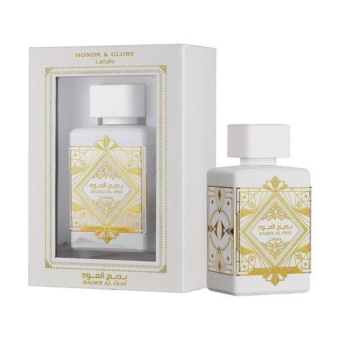 Lattafa Honor y Glory Badee Al Oud Eau De Parfum spray, 100ml, featuring elegant perfume bottle and luxurious packaging.