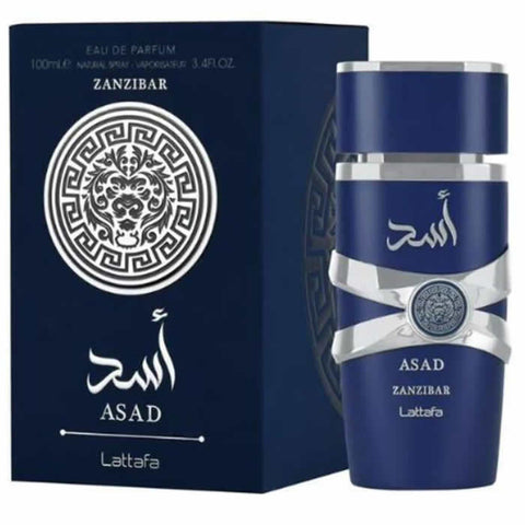 Jag Couture London Asad Zanzibar Eau de Parfum spray 100ml with stylish packaging and a luxurious fragrance bottle.