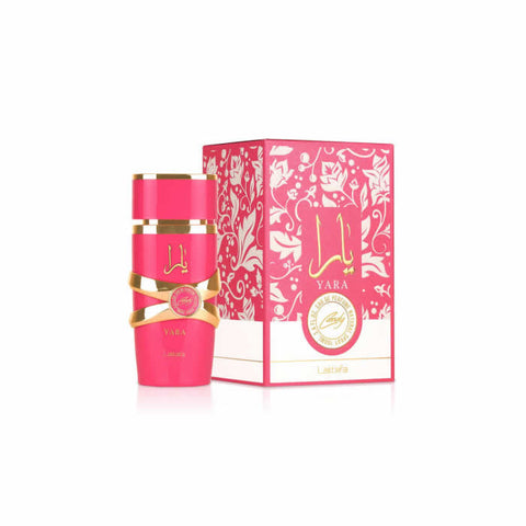 Jag Couture London Yara Candy Eau de Parfum spray, 100ml bottle with colorful floral design, elegant packaging.