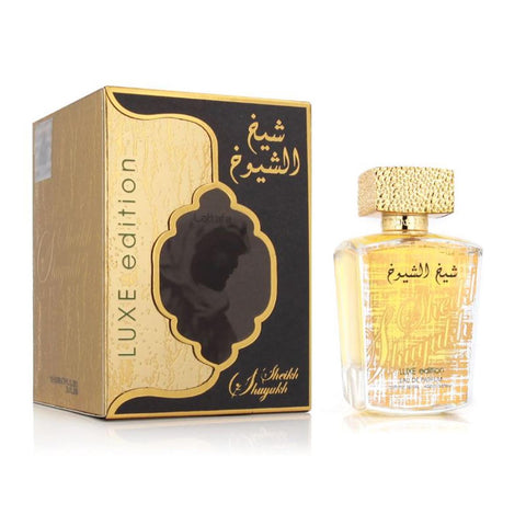 Lattafa Sheikh Eau De Parfum Luxe Edition 100ml spray bottle, elegant design, featuring the fragrance’s luxurious branding and packaging.