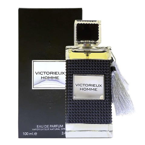 Lattafa Victorieux Homme Eau De Parfum 100ml spray bottle, featuring sleek design and modern packaging.