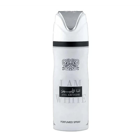 Lattafa Ana Abiyedh I Am White deodorant spray by Jag Couture London, 200ml, showing the white bottle and spray nozzle.