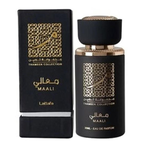 Lattafa Thameen Collection Maali Eau De Parfum 30ml bottle with elegant packaging, showcasing the luxurious fragrance design.