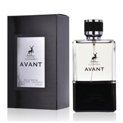Maison Alhambra Avant Eau De Parfum 100ml spray by Jag Couture London showing the elegantly designed perfume bottle.