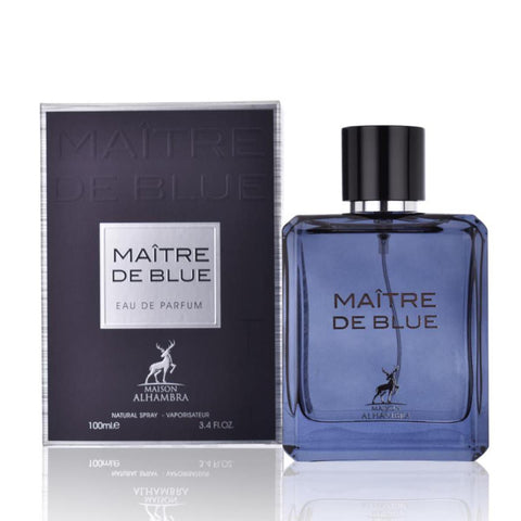 Maison Alhambra Maitrew De Blue Eau De Parfum spray bottle by Jag Couture London New York, 100ml, with elegant blue packaging.