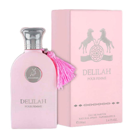 Maison Alhambra Delilah Pour Femme Eau de Parfum 100ml bottle with elegant floral design, showcasing luxurious fragrance packaging.