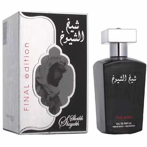 Lattafa Sheikh Shuyukh Eau De Parfum vaporizer 100ml, luxurious fragrance bottle with elegant design, from Jag Couture London New York.