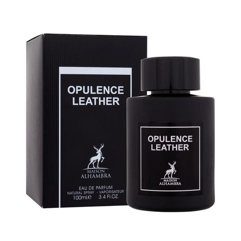Maison Alhambra Opulence Leather Eau De Parfum spray bottle by Jag Couture London - New York, featuring elegant packaging and leather scent.