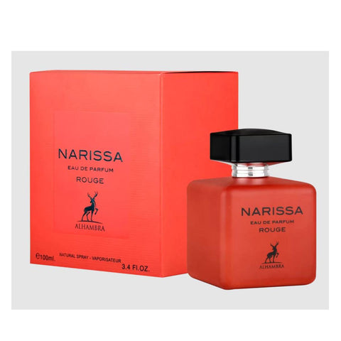 Maison Alhambra Narissa Rouge Eau De Parfum spray bottle, 100ml, with elegant packaging, by Jag Couture London - New York