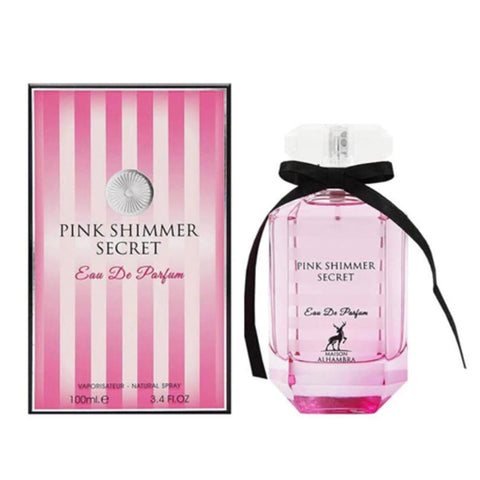 Maison Alhambra Pink Shimmer Secret Eau De Parfum 100ml spray by Jag Couture London, featuring a pink shimmer bottle.