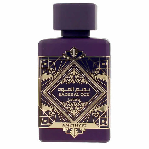 LATTAFA Badee Al Oud Amethyst Eau de Parfum spray in 100ml bottle, featuring a luxurious fragrance design.