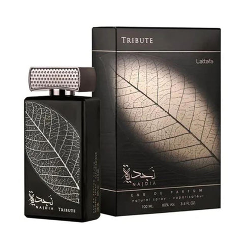 Lattafa Tribute Eau De Parfum 100ml spray bottle, elegant fragrance from Jag Couture London - New York, with sleek packaging.