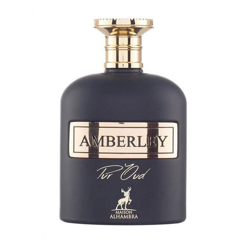 Maison Alhambra Amberley Pur Oud Eau de Parfum 100ml bottle with elegant packaging, capturing a luxurious fragrance experience.