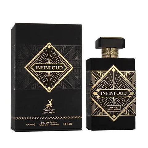 Maison Alhambra Infini Oud Eau De Parfum spray, 100ml bottle with elegant packaging and luxurious design.