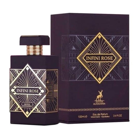 Maison Alhambra Infini Rose Eau De Parfum spray bottle by Jag Couture London - New York, 100ml, featuring elegant floral design.