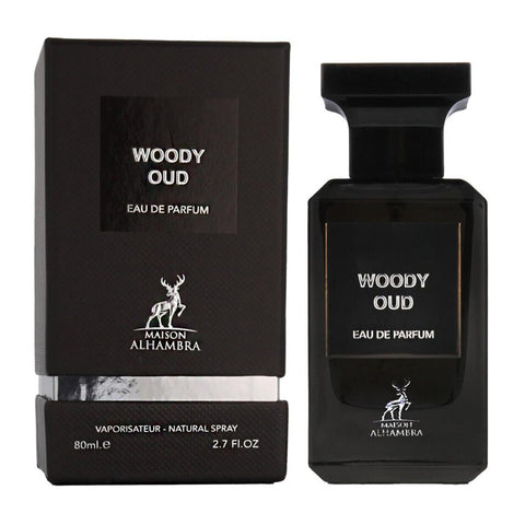 Maison Alhambra Woody Oud Eau De Parfum 80ml spray bottle with elegant packaging, showcasing luxurious fragrance from Jag Couture London New York.
