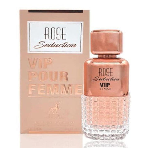Maison Alhambra Rose Seduction Vip Eau De Parfum for women, 100ml bottle with elegant floral design.