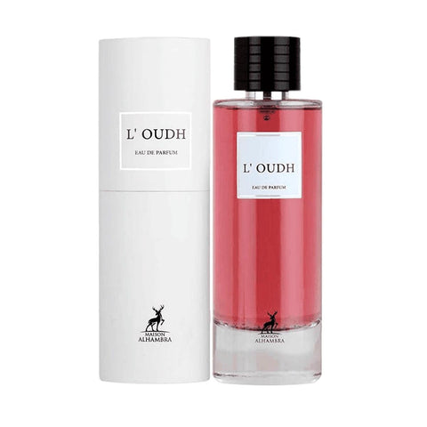 Maison Alhambra L'oudh Eau De Parfum 100ml spray bottle by Jag Couture London - New York, elegant glass container with a sleek design