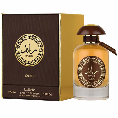 Lattafa Raed Oud eau de parfum spray by Jag Couture London, 100ml bottle with elegant packaging and golden accents.