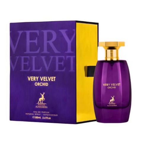 Maison Alhambra Very Velvet Velvet Orchid Eau De Parfum 100ml spray by Jag Couture London featuring a sleek perfume bottle.