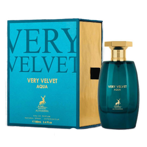 Maison Alhambra Very Velvet Aqua Eau De Parfum 100ml spray, featuring a sleek bottle with aqua velvet design and elegant branding.