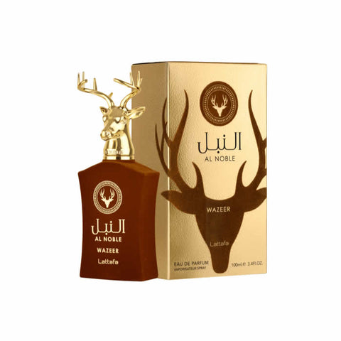 Jag Couture London Wazeer EDP spray bottle, 100ml, featuring luxurious fragrance packaging for LATTAFA AL NOBLE WAZEER.