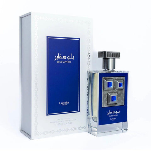 Lattafa Blue Sapphire Eau De Parfum spray bottle, 100ml, with elegant blue and silver packaging, by Jag Couture London New York.