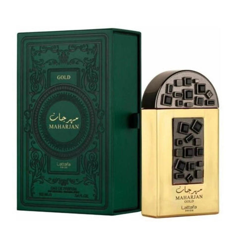 Lattafa Maharjan Gold Eau De Parfum spray bottle, luxury fragrance from Jag Couture London New York, with ornate gold design.