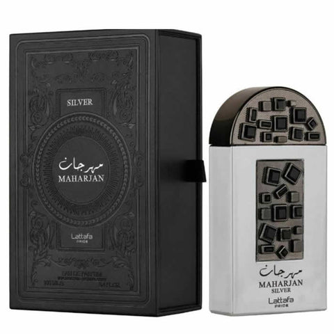 Silver bottle of Lattafa Pride Maharjan Eau de Parfum spray in 100ml, featuring sleek silver packaging and elegant design.