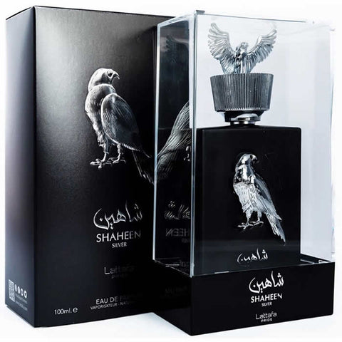 Jag Couture London Al Shaheen Silver EDP spray in 100ml bottle, sleek silver design, luxurious fragrance for men.