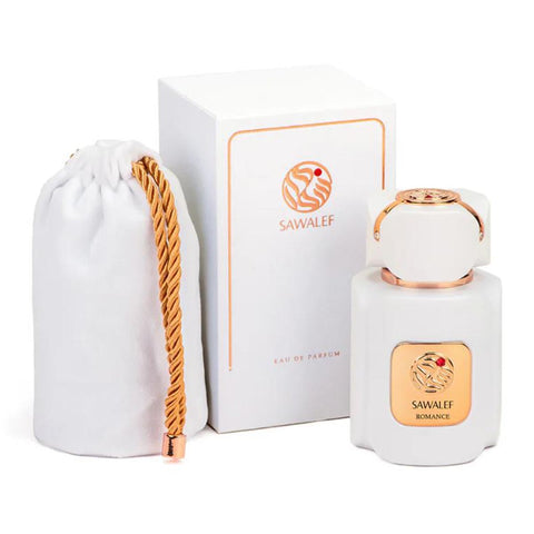 Swiss Arabian Sawalef Romance Eau De Parfum 80ml bottle with elegant floral design, showcasing the luxurious fragrance.