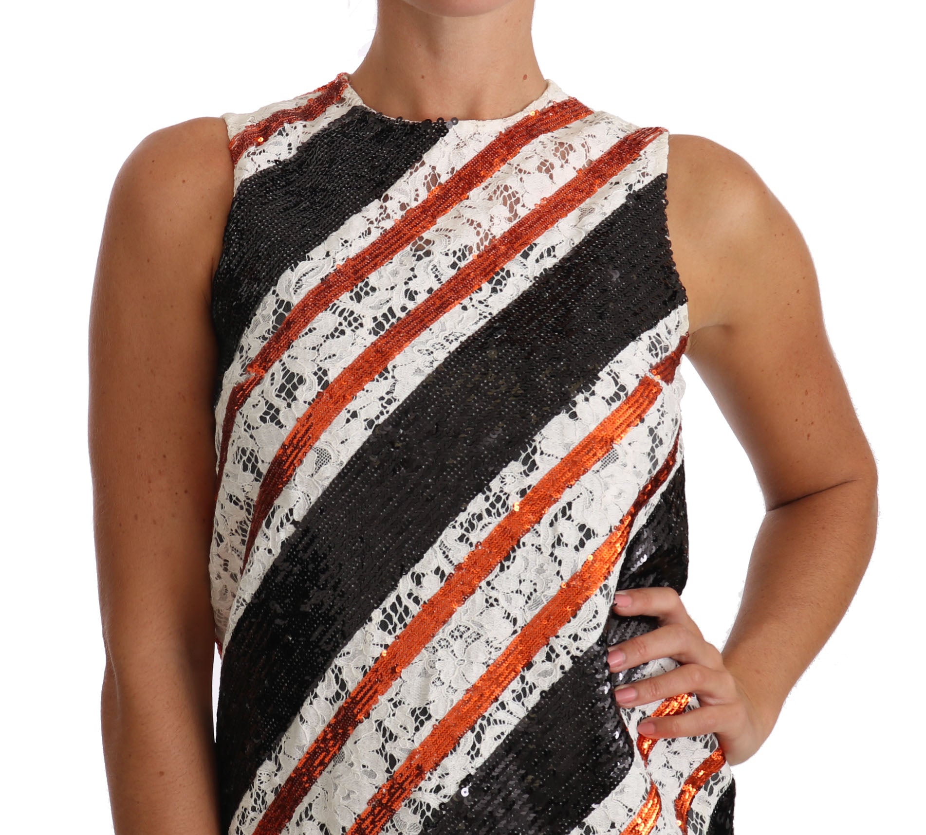 White and orange sequin floral lace embellished shift dress by Dolce & Gabbana, featuring intricate lace details and vibrant floral accents.