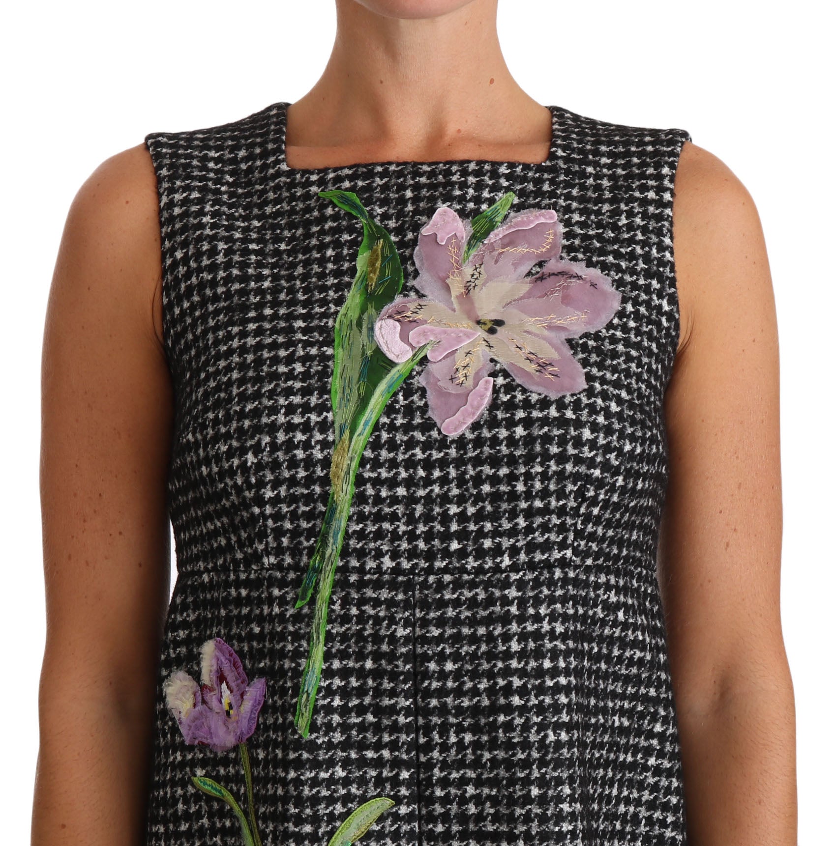 Gray houndstooth floral appliqué shift mini dress by Dolce & Gabbana, with a fitted silhouette and decorative floral details.