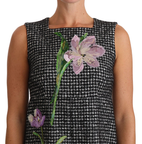Gray houndstooth floral appliqué shift mini dress by Dolce & Gabbana, with a fitted silhouette and decorative floral details.