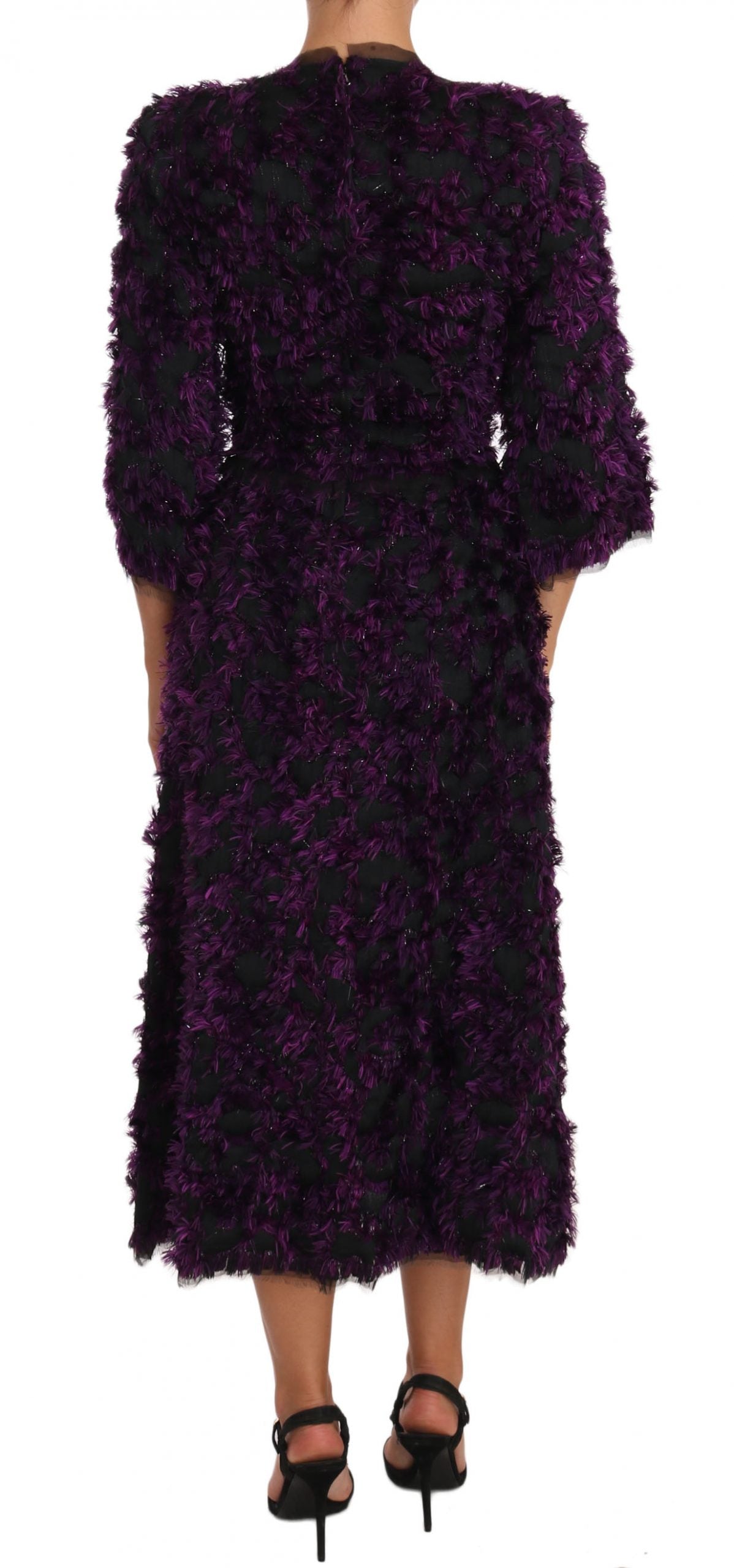 Purple fringe midi sheath dress by Dolce & Gabbana, featuring elegant fringe details and a fitted silhouette.