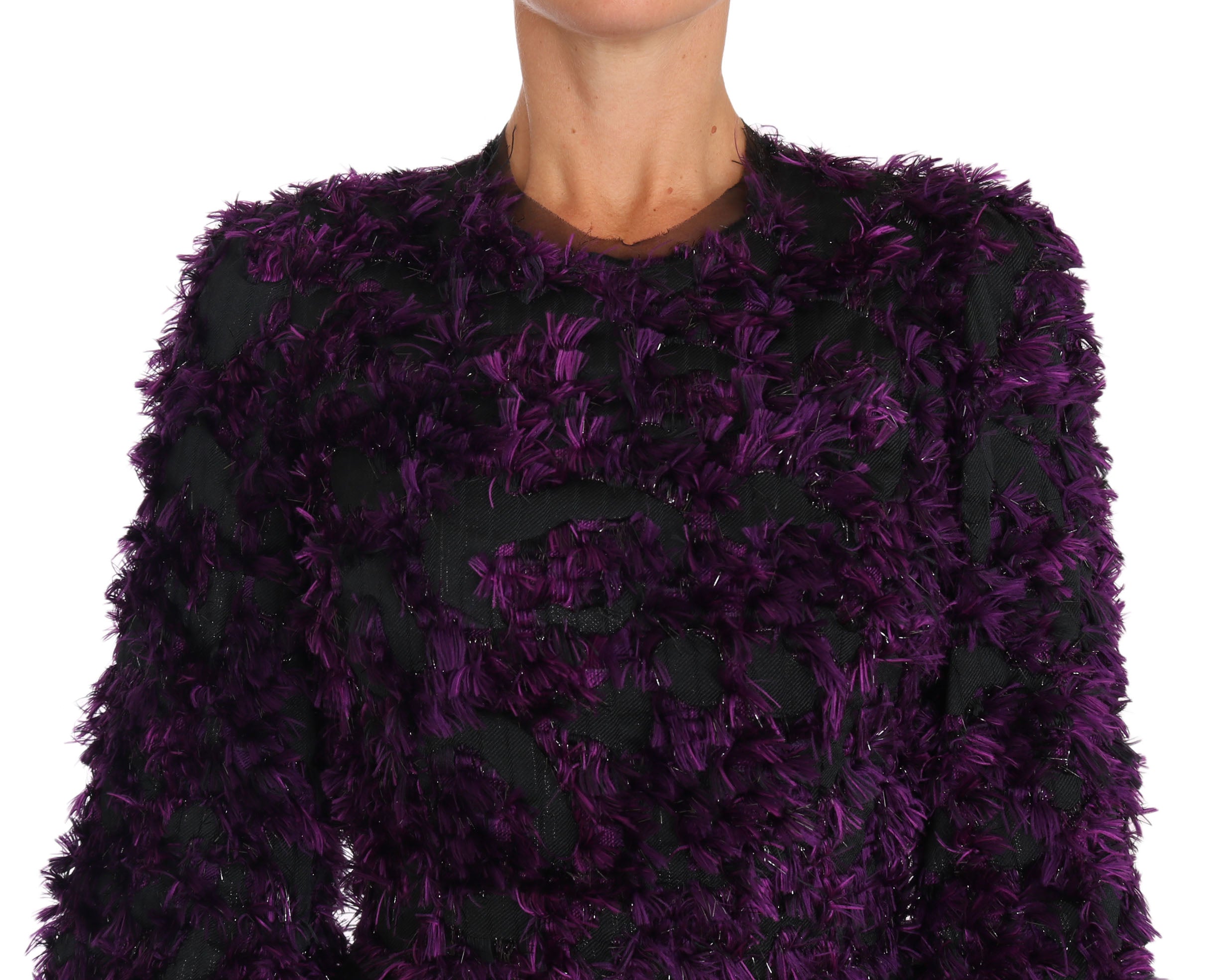 Purple fringe midi sheath dress by Dolce & Gabbana, featuring flowing fringe details and a sleek fitted silhouette.